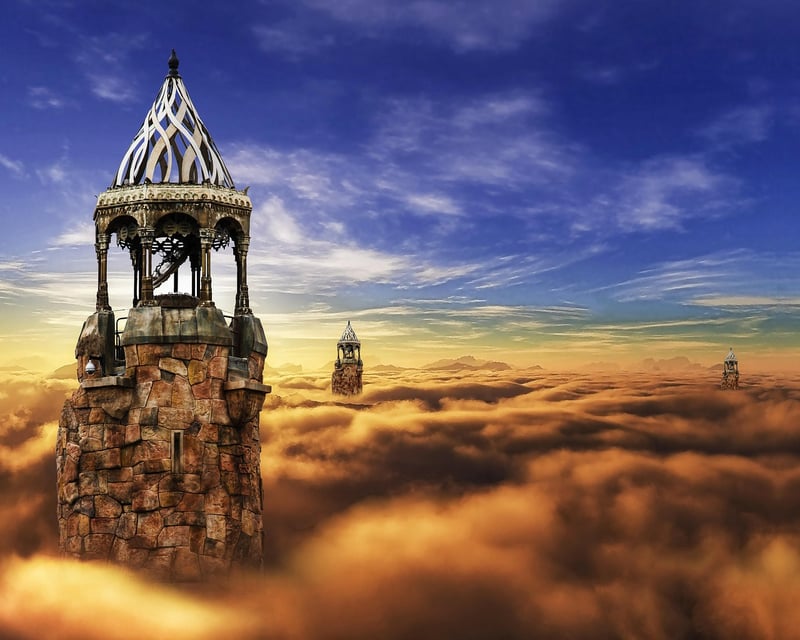 Fantasy castle clouds sky towers